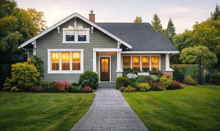 A craftsman-style home lit up at dusk