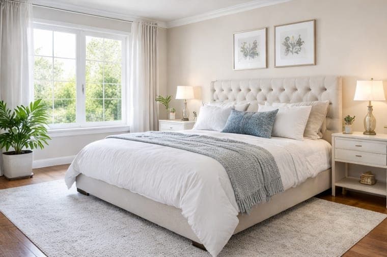 A freshly made bed in a bright bedroom