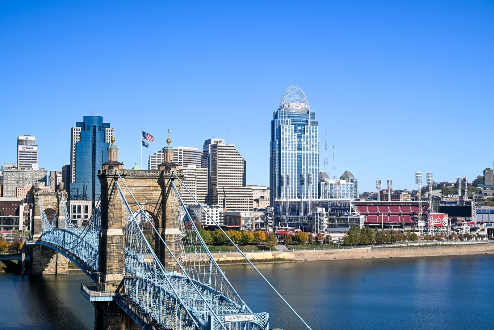 The John A. Roebling Suspension Bridge and the downtown Cincinnati skyline across the Ohio River