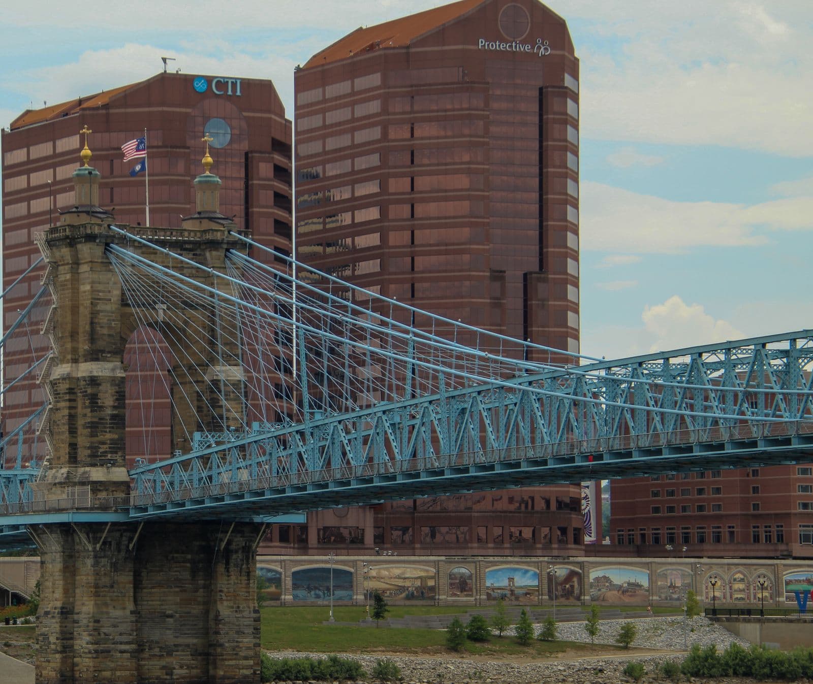The Roebling Suspension Bridge from the Covington, Kentucky riverfront, with the RiverCenter towers behind it